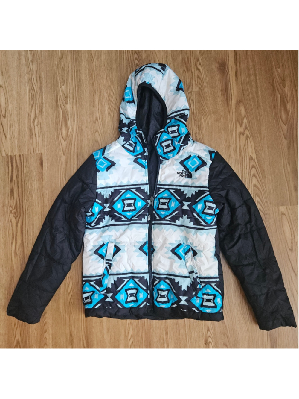 The North Face Reversible Perrito Jacket Puffer Aztec Blue Black Girls Lrg 14/16